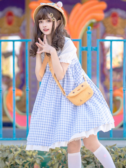 Blue Little Chicken Peter Pan Collar Plaid Short Puff Sleeves Dress