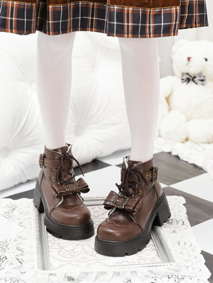 Brown Fleece Lined Bow Accent Platform Ankle Boots