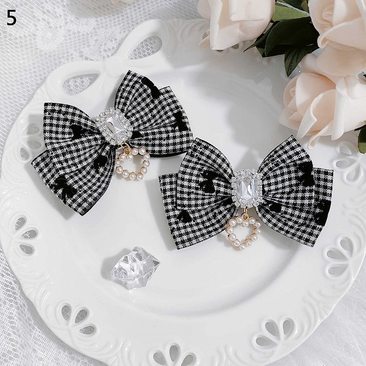 Jirai Kei Beaded Sweetheart Rhinestone Adorned Plaid Bowknot Hairclips