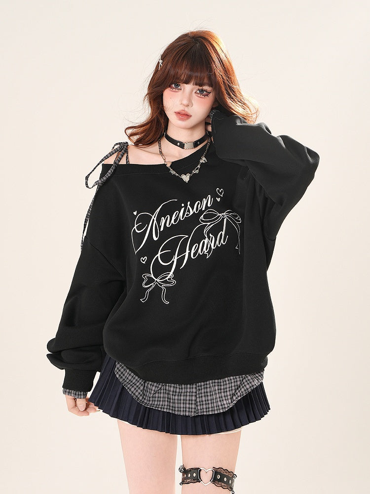 Sweatshirt zum Binden, asymmetrischer Ausschnitt, karierter Saum, schwarz/grauer Schultergurt
