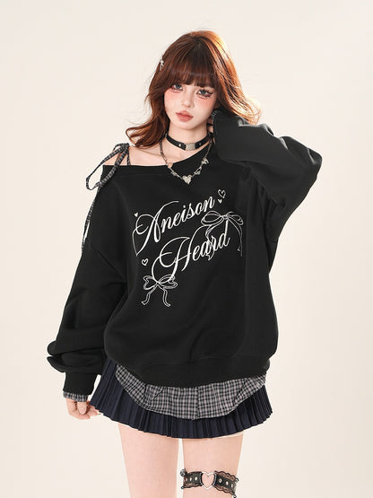 Sweatshirt zum Binden, asymmetrischer Ausschnitt, karierter Saum, schwarz/grauer Schultergurt