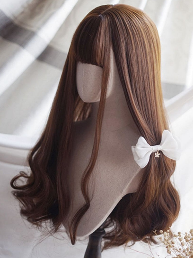 Caramel Long Wavy Wig With Full Bangs