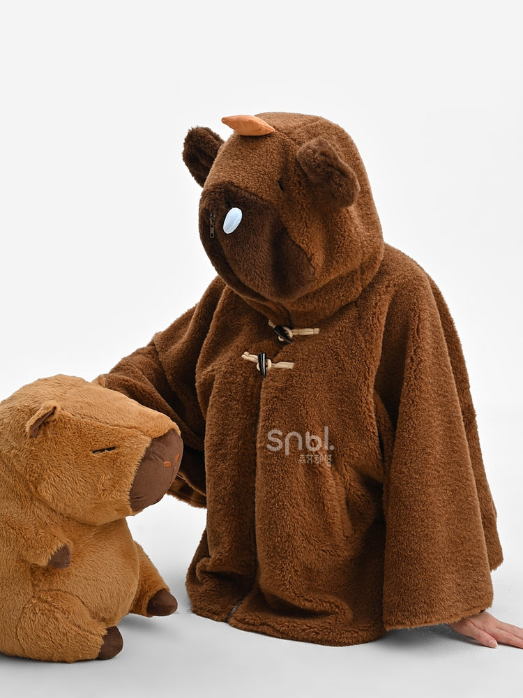 Brown Cute Capybara Hood Zip Closure Fleece Hooded Cape