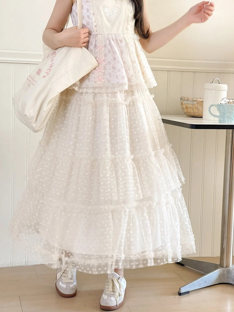 Apricot Elastic Waist Heart Pattern Mesh Tiered Skirt