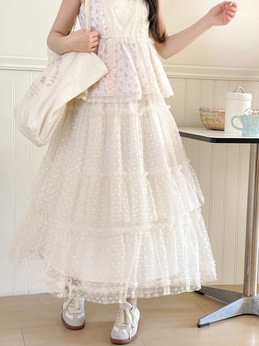 Apricot Elastic Waist Heart Pattern Mesh Tiered Skirt