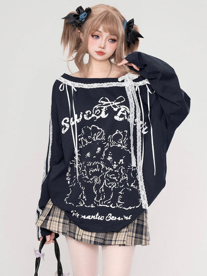 Navy Blue Cartoon Print Lace Accents Asymmetrical Neckline Top