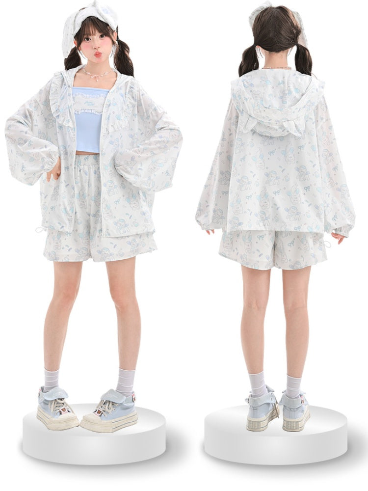 White Elastic Waist Shorts Allover Kitty Print
