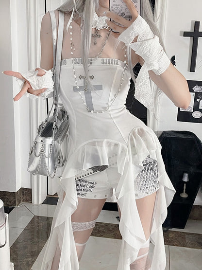 White Cross Print Asymmetrical Flounce Strapless Top Hem Glamorous