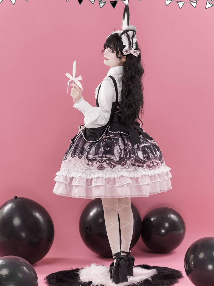 Robe Lolita noire et rose sous la poitrine avec motif lapin et cercueil