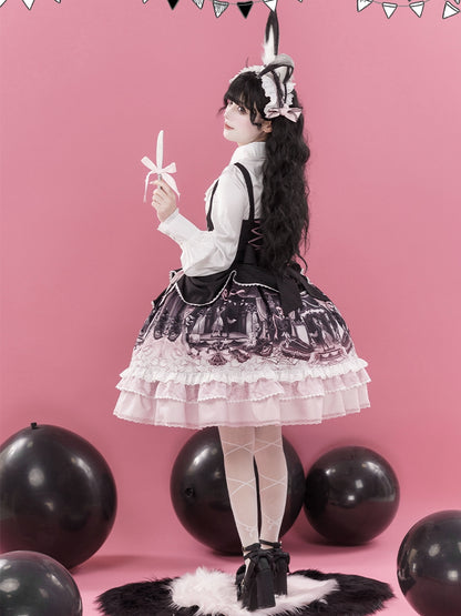 Robe Lolita noire et rose sous la poitrine avec motif lapin et cercueil