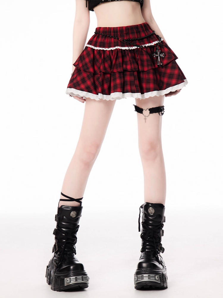 Red and Black Plaid Tiered Skirt