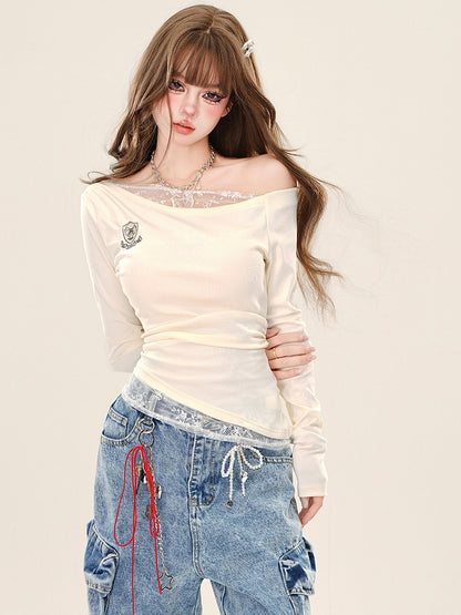 Apricot/Royal Blue Lace Accents Asymmetrical Neckline Slim-fit Top