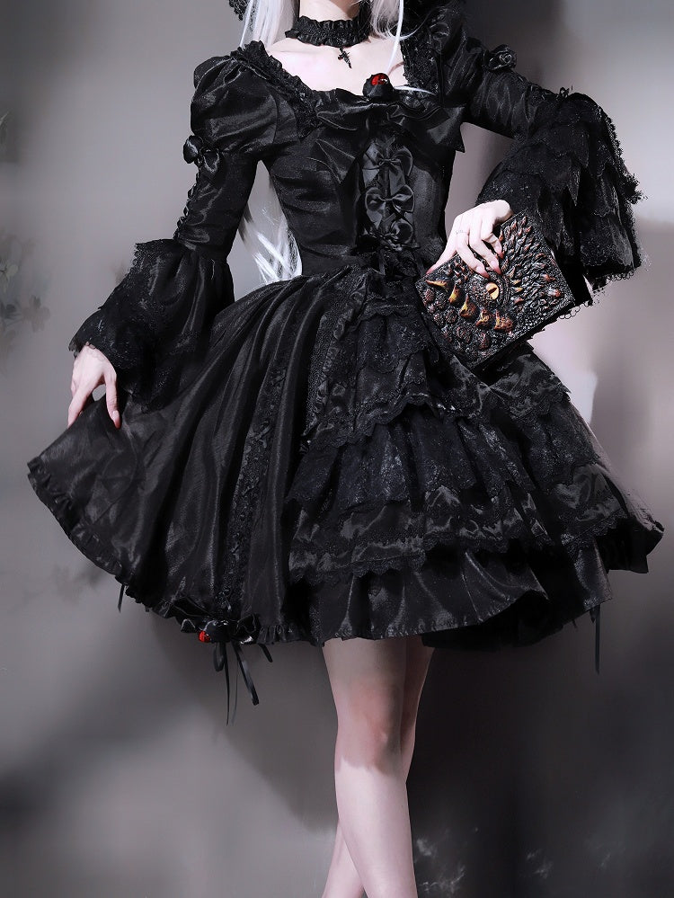 Kuro Drawstring Dress Bell Sleeves Skirt Gothic Black Bowknot Lolita Details and Layered