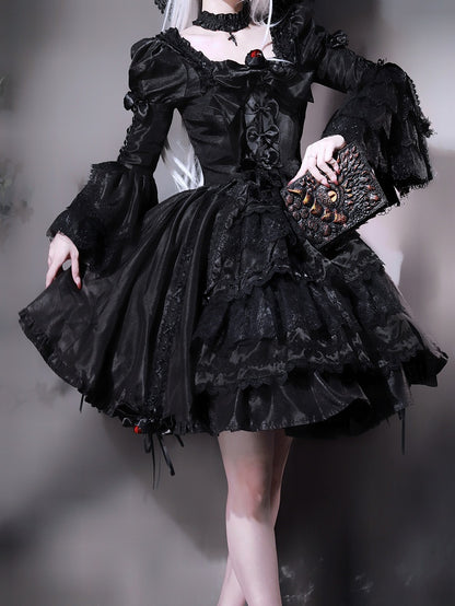 Kuro Drawstring Dress Bell Sleeves Skirt Gothic Black Bowknot Lolita Details and Layered