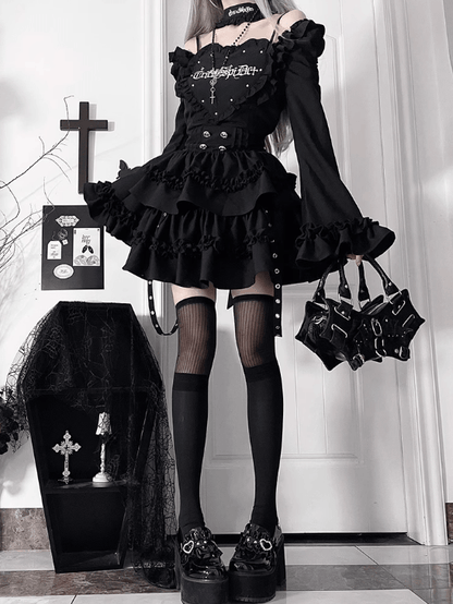 Gothic Ausschnitt Ärmel Off-the-Shoulder Kleid Print Black Bell Letter