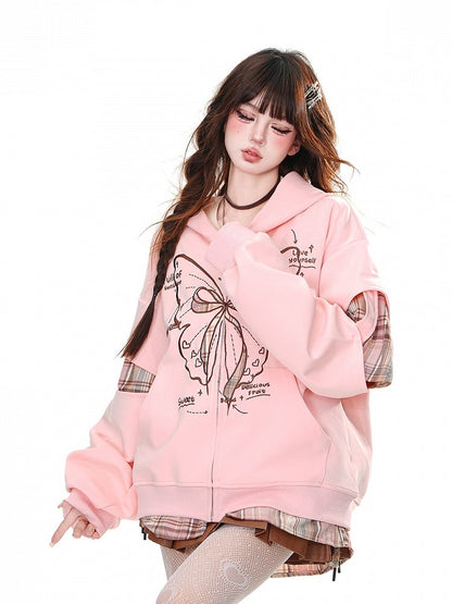 Pink Plaid Patches Butterfly Zip Closure Loose Hoodie