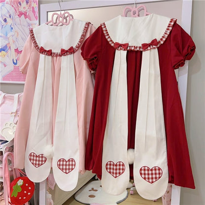 Wine Red Bunny Ears Peter Pan Collar Bubble Skirt Dress