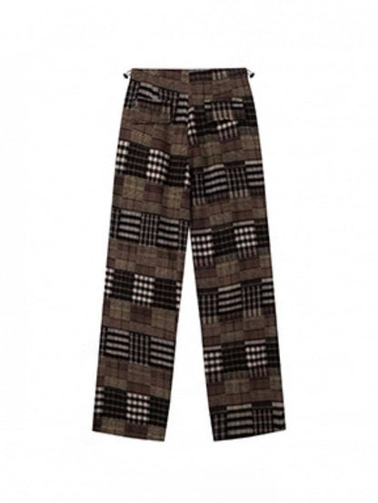 Patchwork Drawstring with Pants Waist Plaid Brown