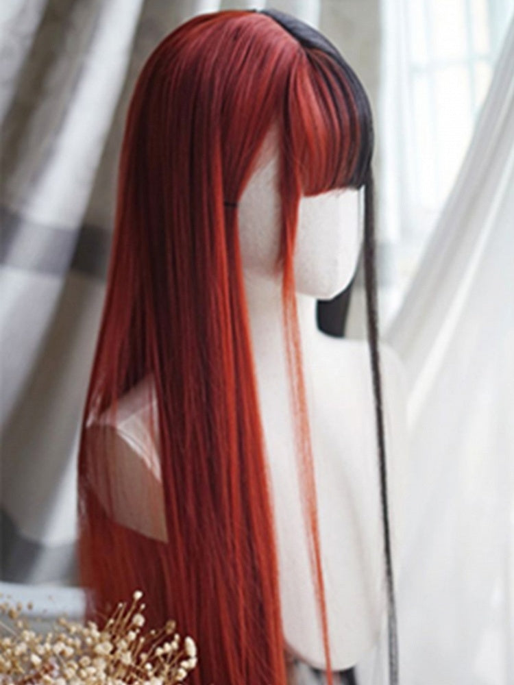 Red&Black Split Color Waist Length Straight Wig With Full Bangs