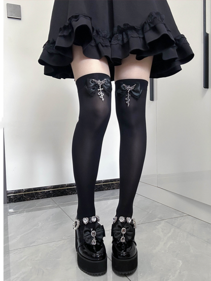 Accents Black Bowknot Regular/Long Kei Knee Over Gothic Stockings Jirai Metal Snake Version