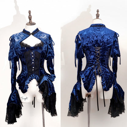 Dark Blue Detachable Long Bell Sleeves Snake Bones Embroidery Velvet Top