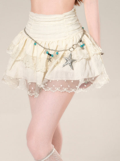 Waist High Apricot Skirt Mesh Lace Trim Glamorous Tiered Mini