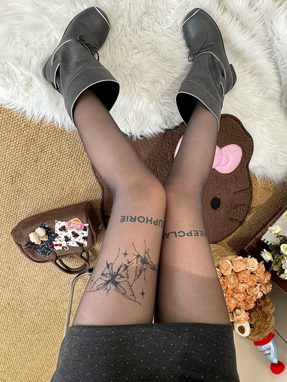 And Letter Print Butterfly Black Tights