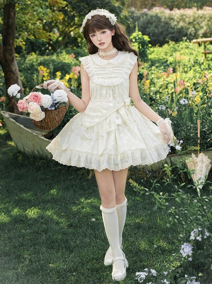 Butterfly Lolita Peter OP Lace Creamy Set Full Patched Pan Dress Collar