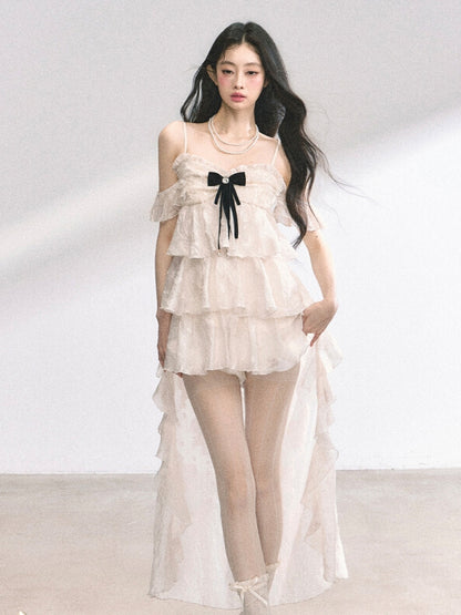 Apricot Cascading Ruffle Trim Tiered Ruffles Cami Dress Skirt High-low