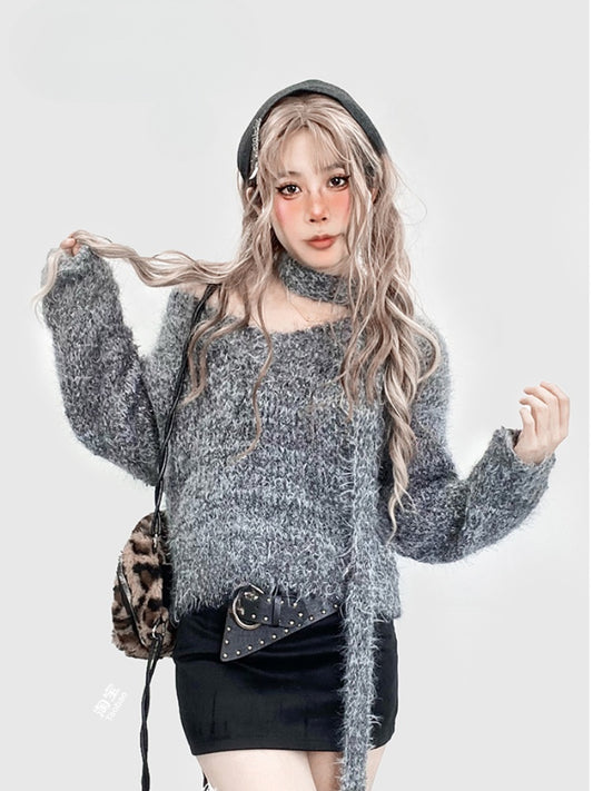 Grey V-neck Knitted Sweater with Scarf