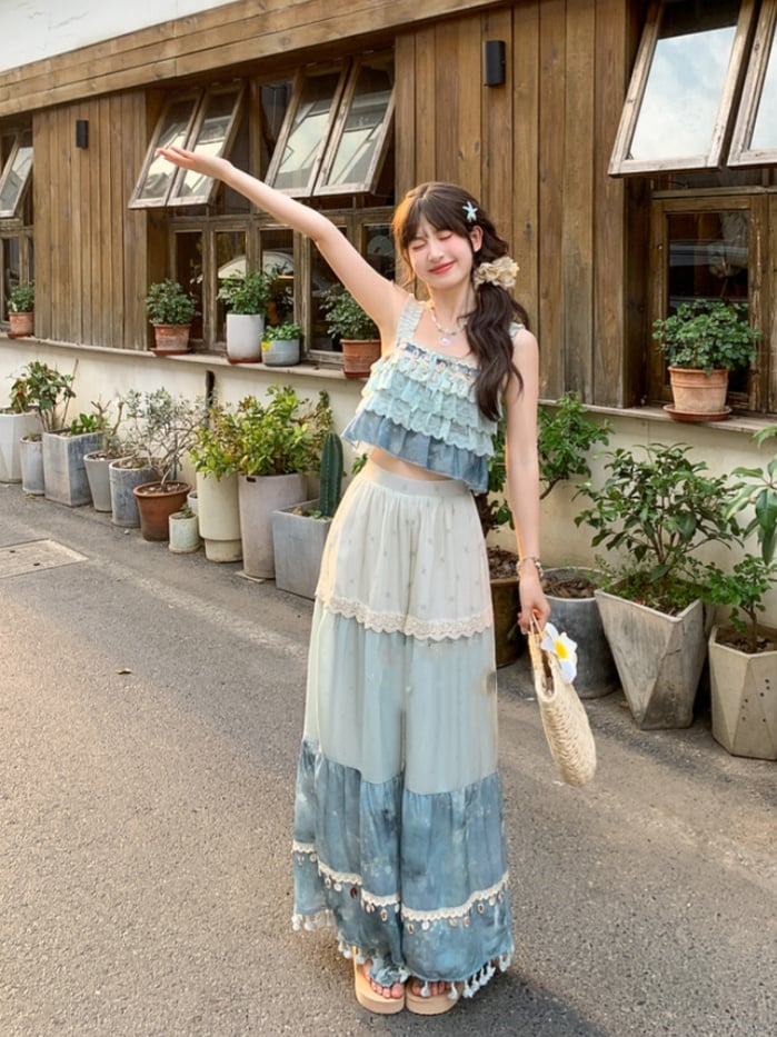 Tassel Hem Shell Charm Wide-Leg Holiday Pants Blue Colorblock Design