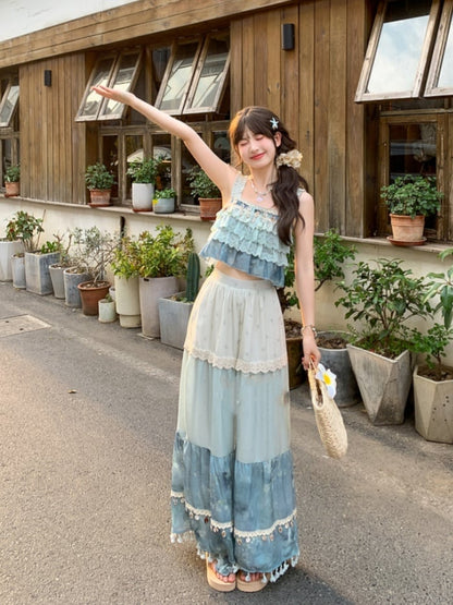 Tassel Hem Shell Charm Wide-Leg Holiday Pants Blue Colorblock Design