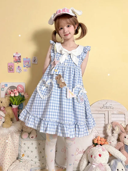 Blue Pockets Heart-shaped Sweet Dress Bowknots Plaid Flutter Sleeves Light