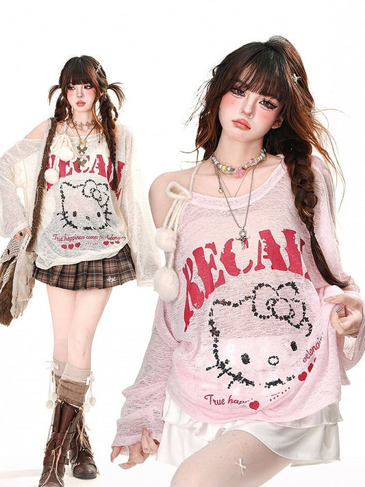 Semi-sheer Kitty Print Pompon Accents Pink/White Asymmetrical Neckline Sun Protection Top