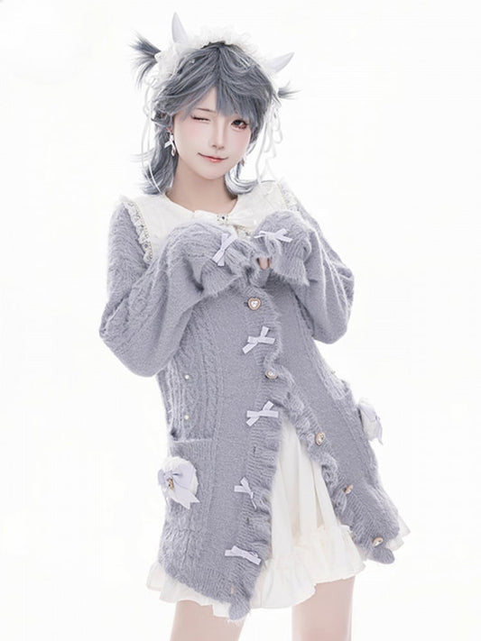 Jirai Kei Grey Bow Accents Landmine Style Soft Cardigan