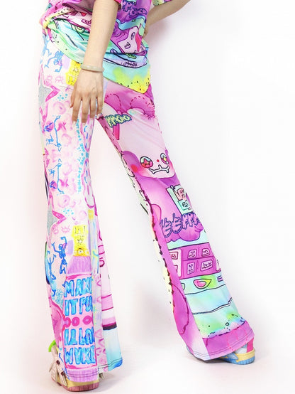 Cartoon Silhouette Pants Flare Print Y2K Colorful