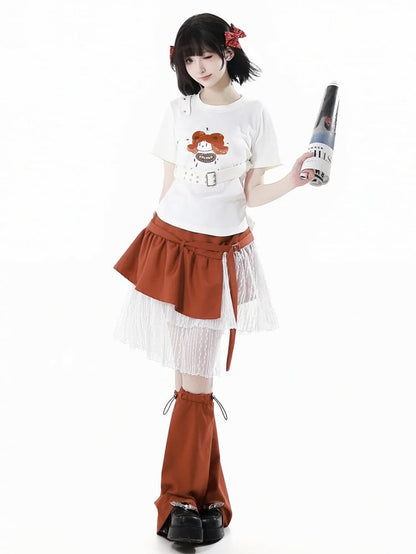 White Cartoon Print T-Shirt with Detachable Buckle Strap