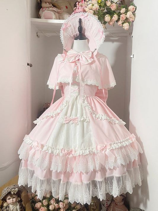 Robe Lolita Old School rose et blanche avec nœud papillon et détails Lolita JSK / JSK Set