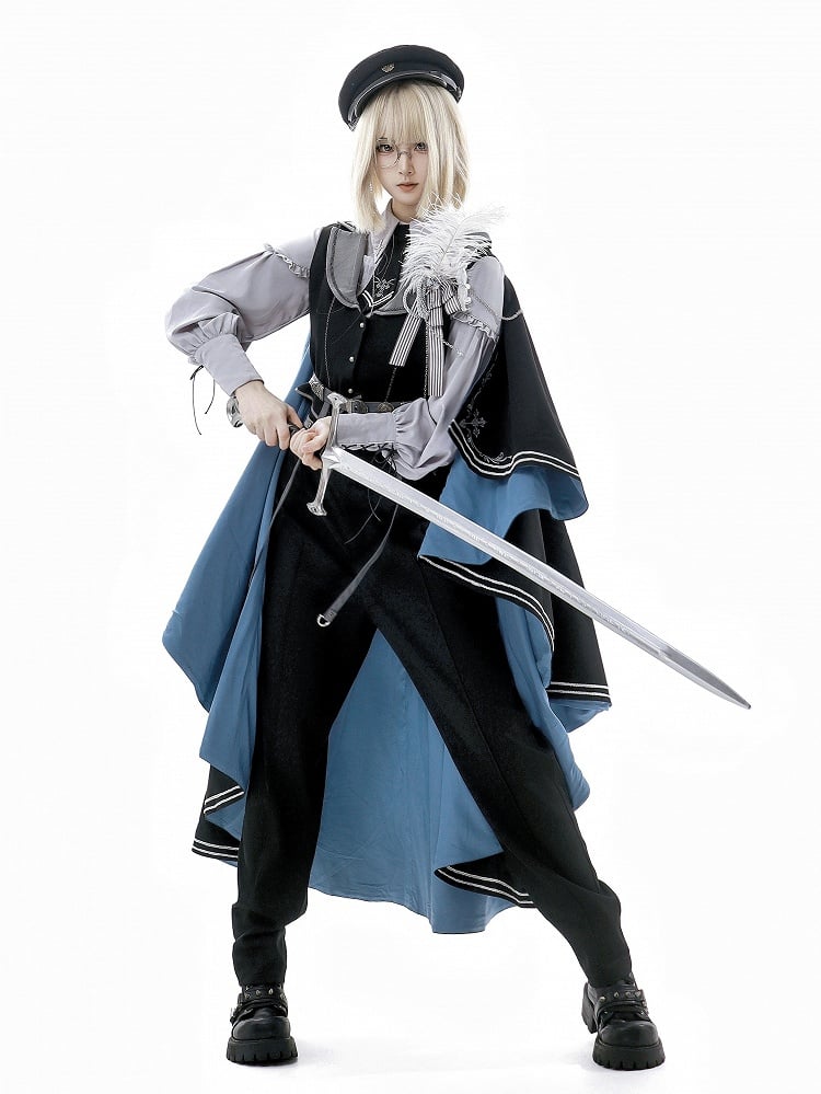Military Waistcoat Black Pants Sleeves Shirt Gray + Lolita Prince Outfit-Long Fashion Ouji Waist High And