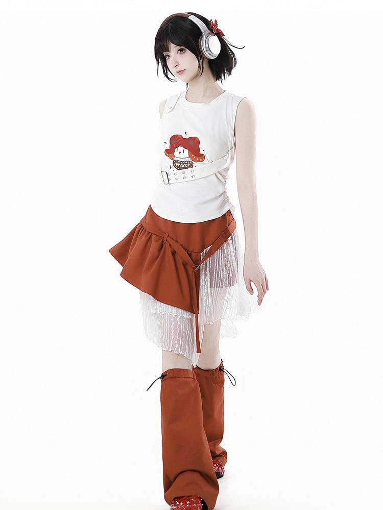 White Cartoon Print Cotton Tank Top with Detachable Buckle Strap