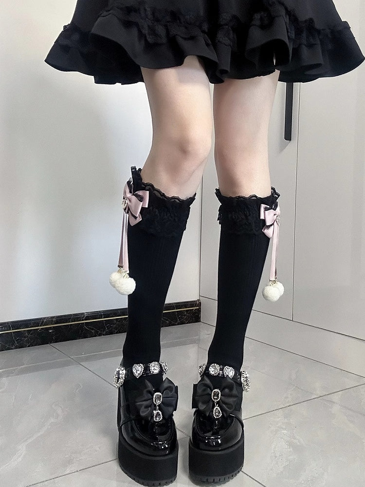 Jirai Kei Pompom Details Lace Cuffs Bowknots Underknee Stockings