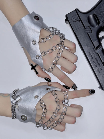 Y2K verziert schwarz/weiß/rot/silber und Schloss Punk Kette PU