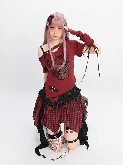 Y2K Red Gray Detail Plaid Lace-up with Black/Black Handkerchief Hem Skirt