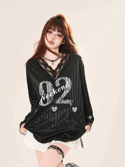 White/Black Trim V-neck Lace Number Print Striped Top