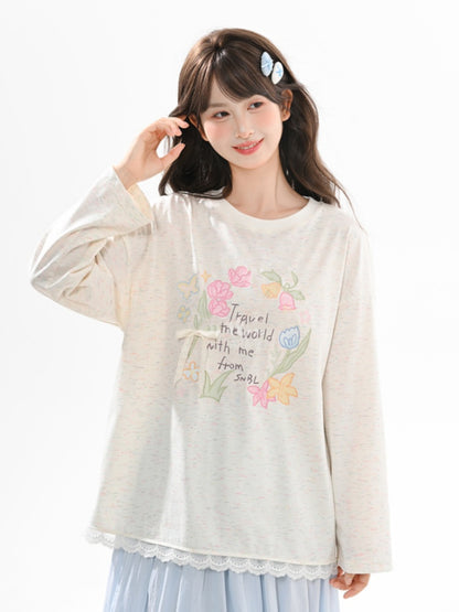 Round Sweet Floral Print Lace Trim Biege/Pink Neck Top