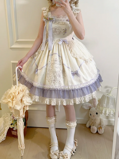High Teddy Waist Bowknot Dress Lolita Floral Fabric and Embroidery