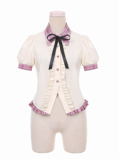 Contrast Pink Plaid Trim Beige Idol Lolita Blouse with Lace-up Detail at Back