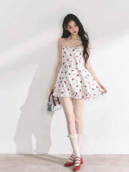 Print Mini Neck Sweet Strawberry Cami Dress White Square