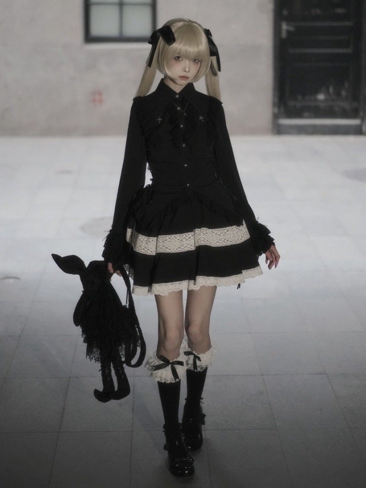 Black Lace Trimming Cross Charm Collar Ouji Lolita Shirt