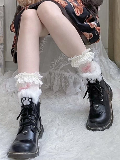 Black Cat Paw Heart Buckle Plush Lolita Winter Martin Boots